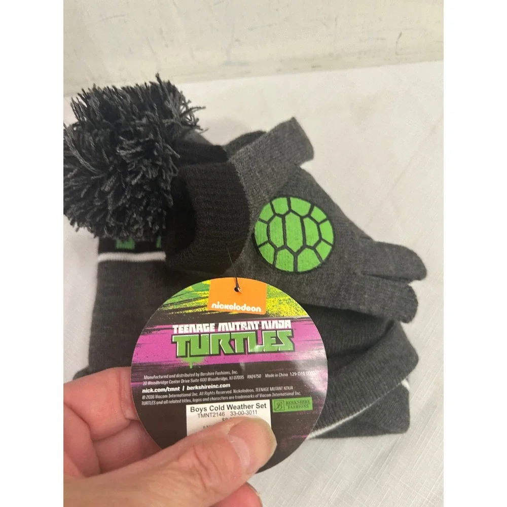 Nickelodeon TMNT Beanie and Gloves Set One Size Grey Knit Pom Pom Kids